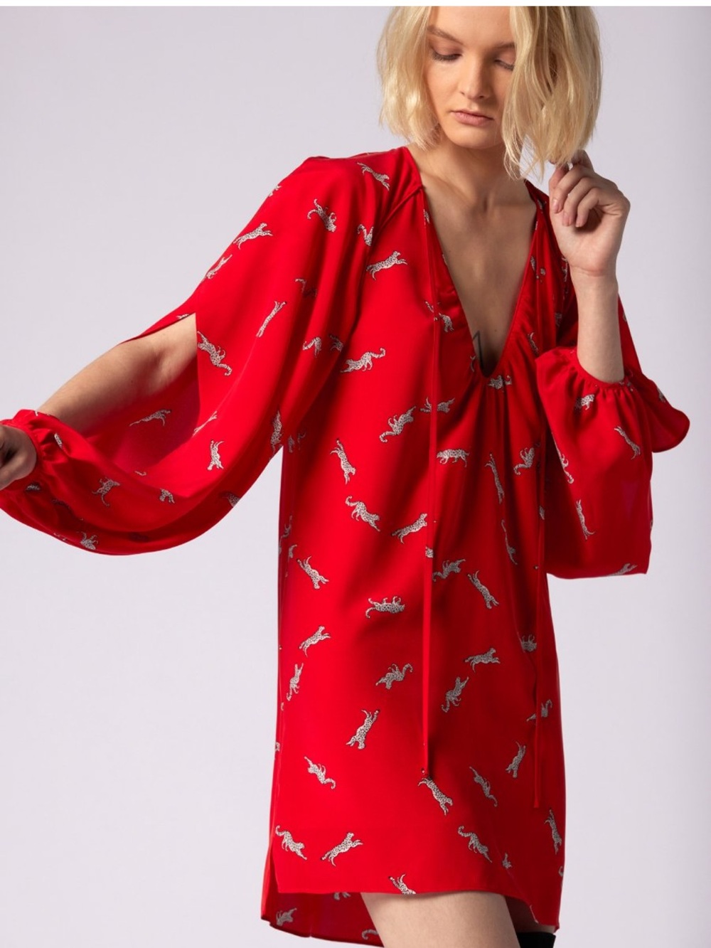 NWT Equipment Cameron Mini Silk Dress Fiery Red Multi SM Open Sleeve Tie Pleated